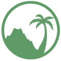 A green logo with a palm tree and mountains, inspired by Costa Rica.